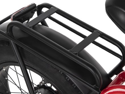 Close-up of the Huffy Centuric electric bike’s rear cargo rack, designed for carrying personal items and gear. Close-up of the Huffy Centuric electric bike’s rear cargo rack, designed for carrying personal items and gear.