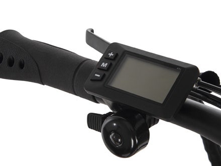 Close-up of the Huffy Centuric electric bike’s LCD display and ergonomic handlebar grip, showcasing speed and battery monitoring functionality. Close-up of the Huffy Centuric electric bike’s LCD display and ergonomic handlebar grip, showcasing speed and battery monitoring functionality.